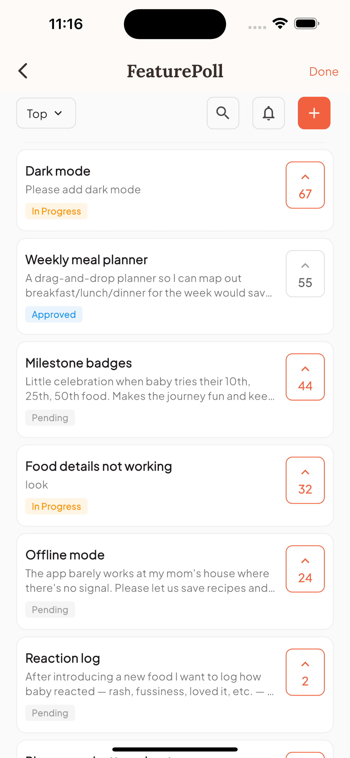 FeaturePoll in-app feature board showing feature requests with votes